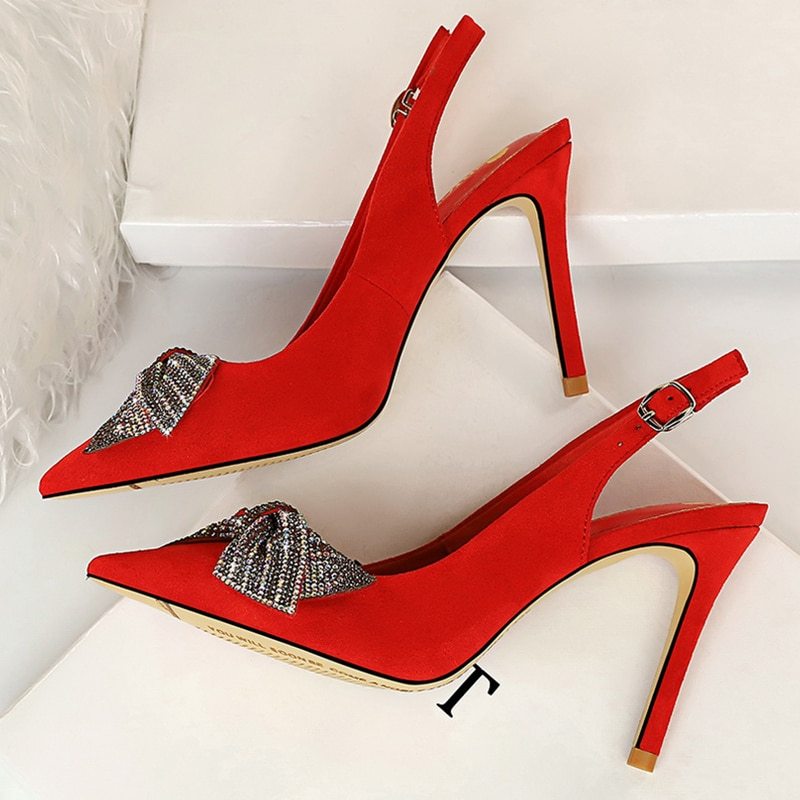 Sexy Slim Stiletto Suede High Heel Pointy Rhinestone Bow Shoes