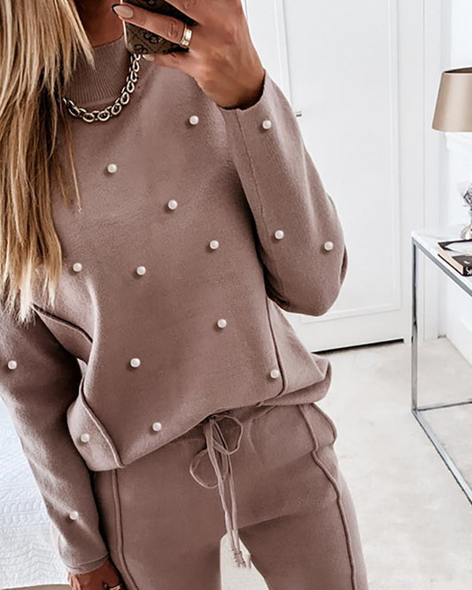 New Women's Khaki Bubble Bead Casual Suit