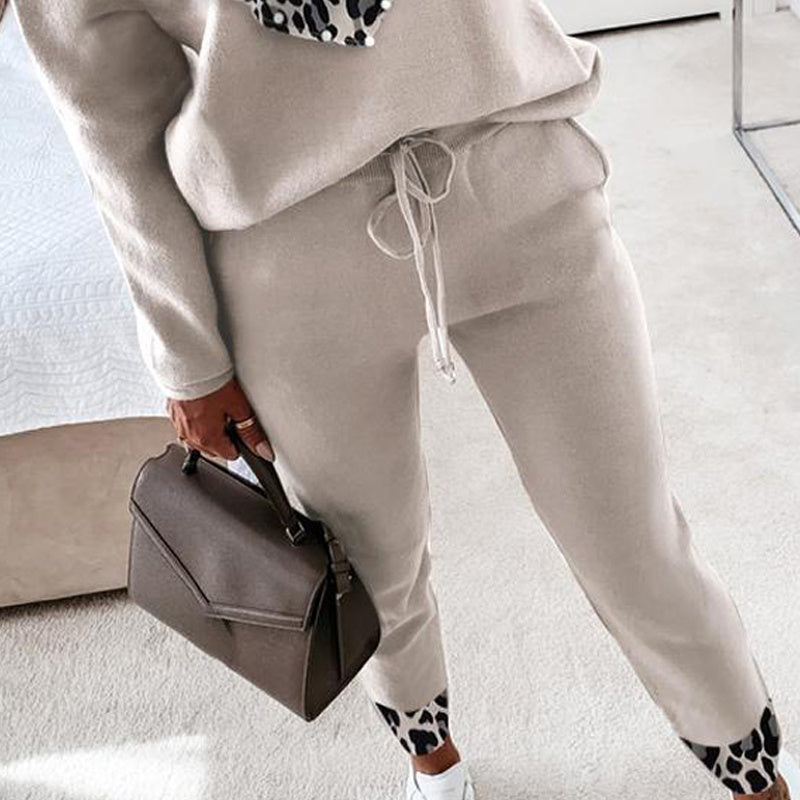 Ensemble de survêtement en molleton pour femme, en mélange de coton abricot et imprimé léopard