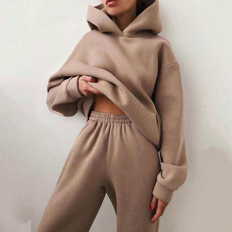 Solid Color Hooded Casual Suit in Black, White, Blue & Brown, Polyester, S-XL