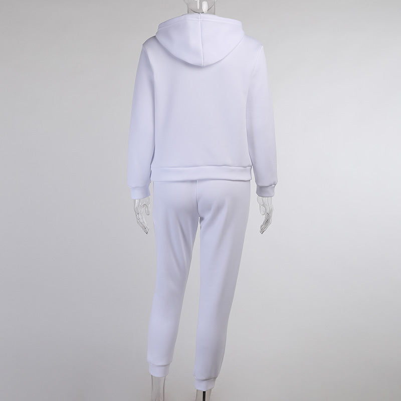 Solid Color Hooded Casual Suit in Black, White, Blue & Brown, Polyester, S-XL