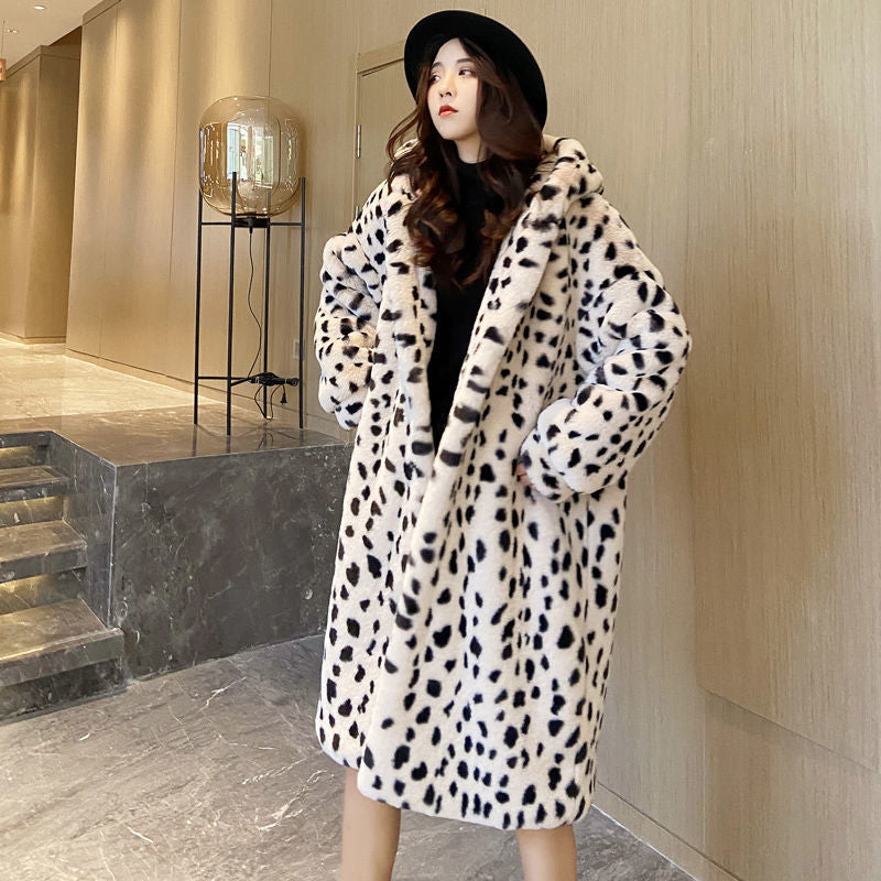 Ladies Faux Leather Leopard Print Coat with Hood Beige