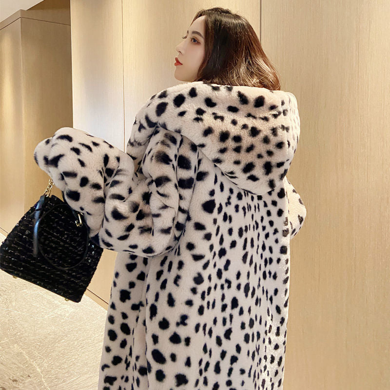 Ladies Faux Leather Leopard Print Coat with Hood Beige