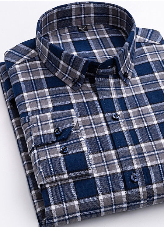 Men's Long-Sleeve Cotton Plaid Fleece Shirt