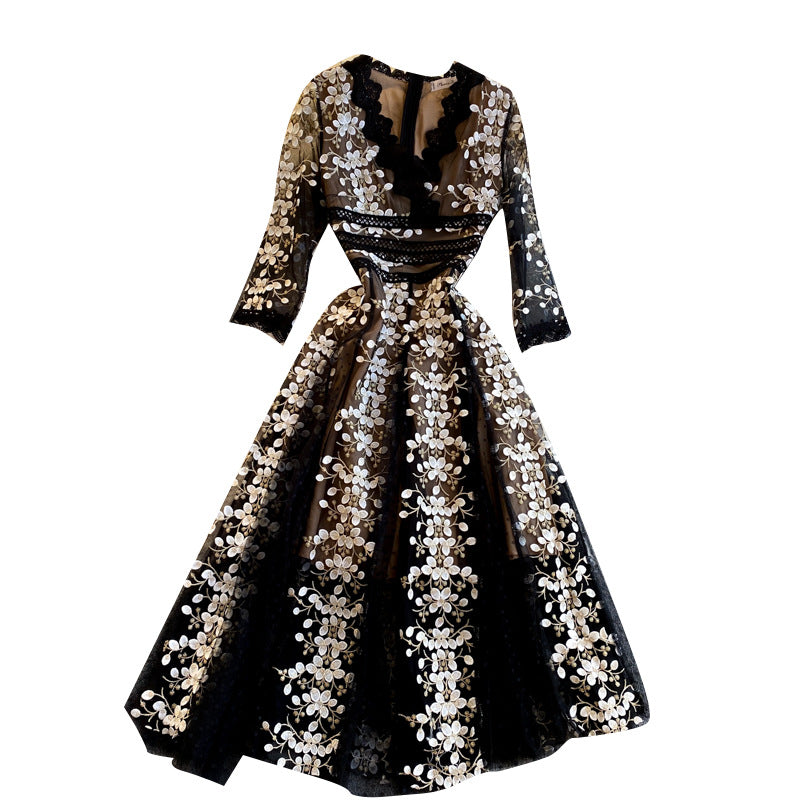 Robe haut de gamme à manches mi-longues, ornée de broderies florales, style industriel, idéale pour les événements du Ramadan