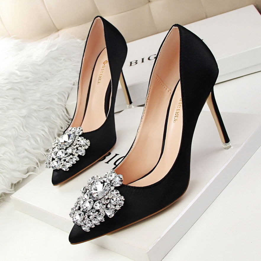 Women’s Black Leather Stiletto High Heels Pointed Toe