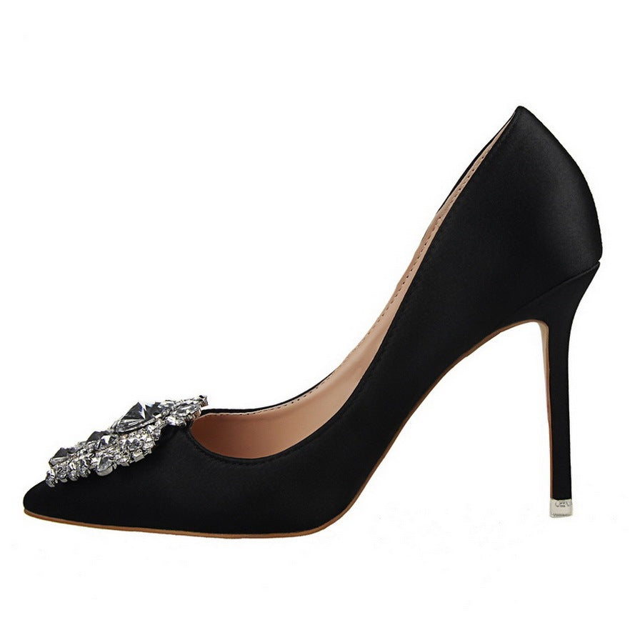 Women’s Black Leather Stiletto High Heels Pointed Toe