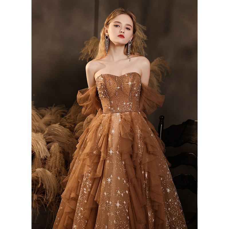 Long Tube Top Ladies Banquet Dress with Straps and Mid Waist