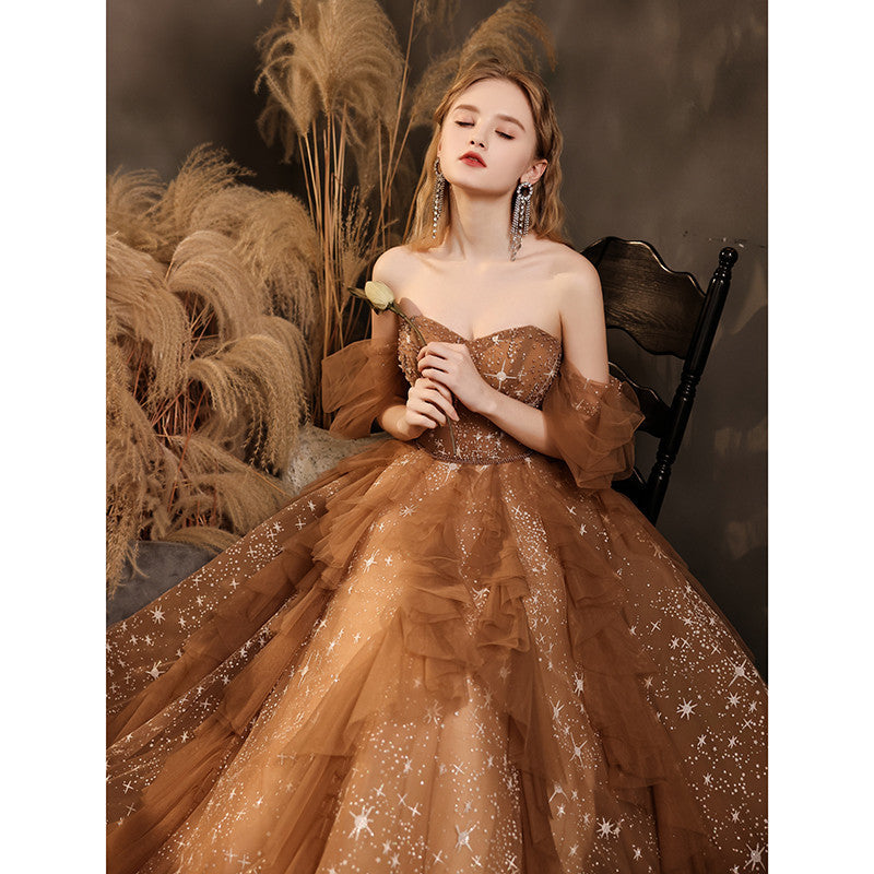 Long Tube Top Ladies Banquet Dress with Straps and Mid Waist