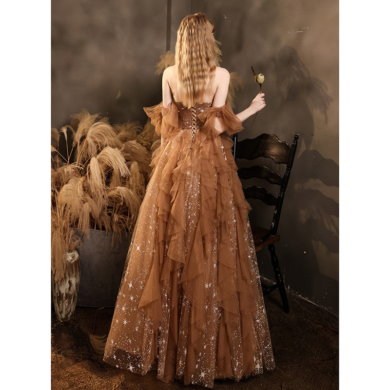 Long Tube Top Ladies Banquet Dress with Straps and Mid Waist