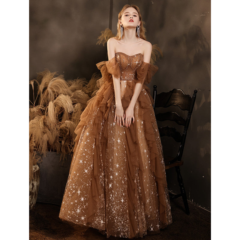 Long Tube Top Ladies Banquet Dress with Straps and Mid Waist
