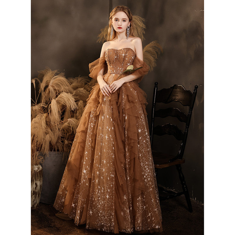Long Tube Top Ladies Banquet Dress with Straps and Mid Waist