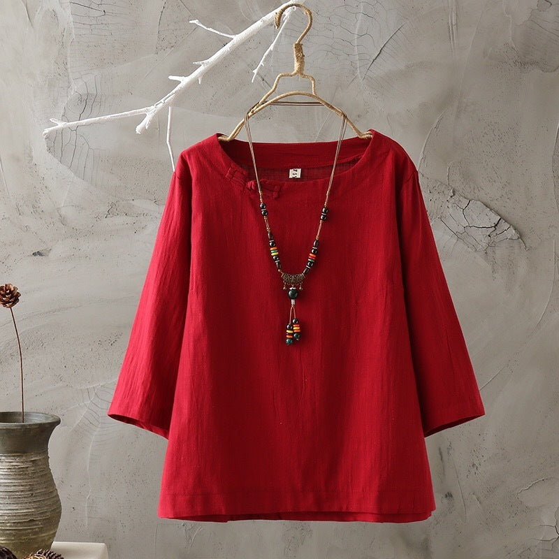 Retro Folk Style Breathable Imitation Cotton Linen Shirt Sweat Absorbent Loose Shirt