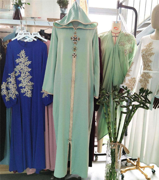 Robe abaya de voyage à capuche vert avocat, style turc marocain, coutures en sergé.