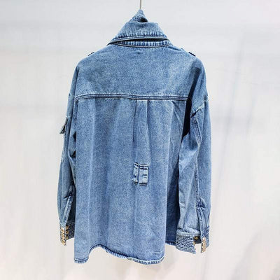 Baby Blue Turtleneck Denim Jacket with Golden Button