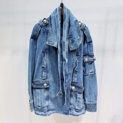 Baby Blue Turtleneck Denim Jacket with Golden Button
