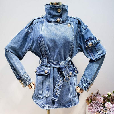 Baby Blue Turtleneck Denim Jacket with Golden Button
