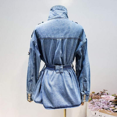 Baby Blue Turtleneck Denim Jacket with Golden Button