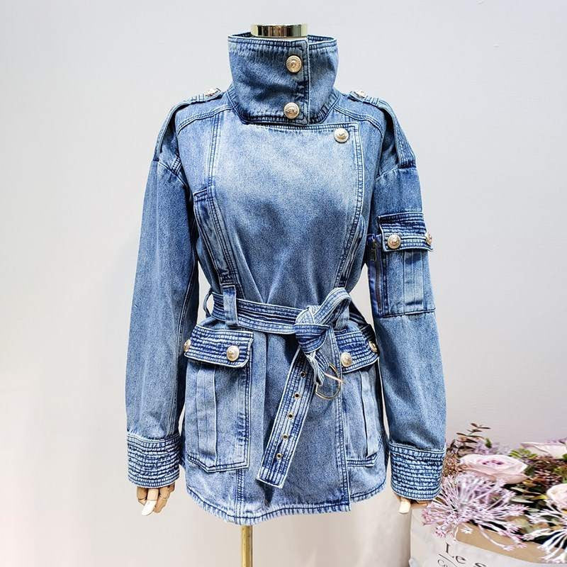 Baby Blue Turtleneck Denim Jacket with Golden Button