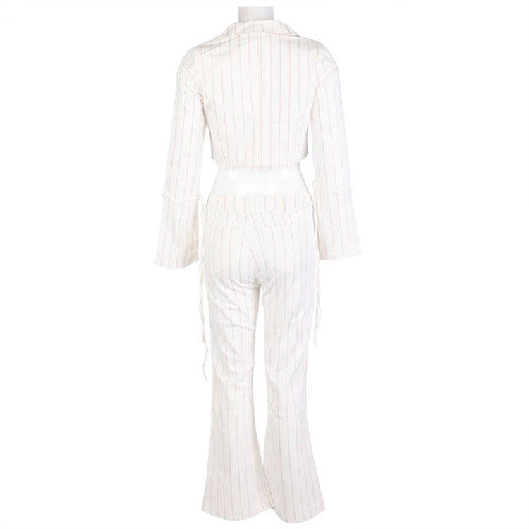 Ensemble pantalon fin en nylon rayé blanc avec blazer à manches longues