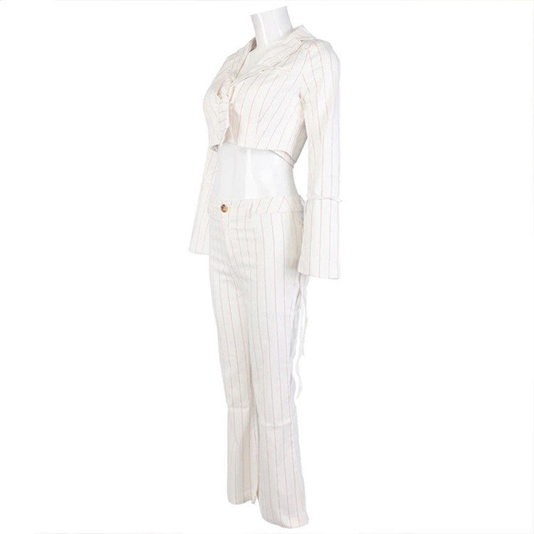 Ensemble pantalon fin en nylon rayé blanc avec blazer à manches longues