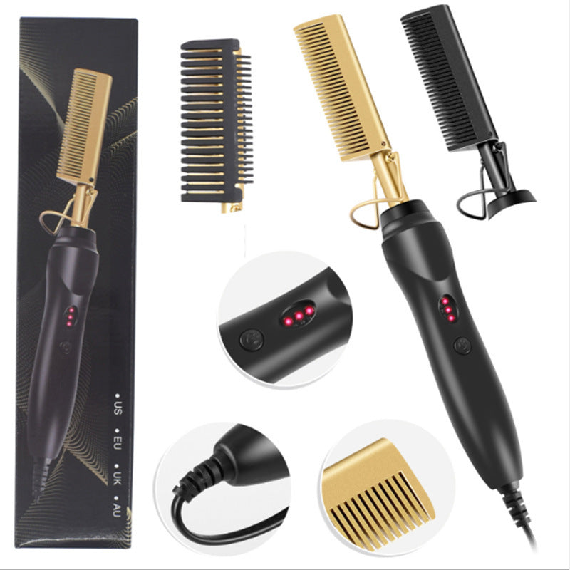 Peigne électrique lissant et bouclant pour cheveux secs et humides, double usage (cuivre).