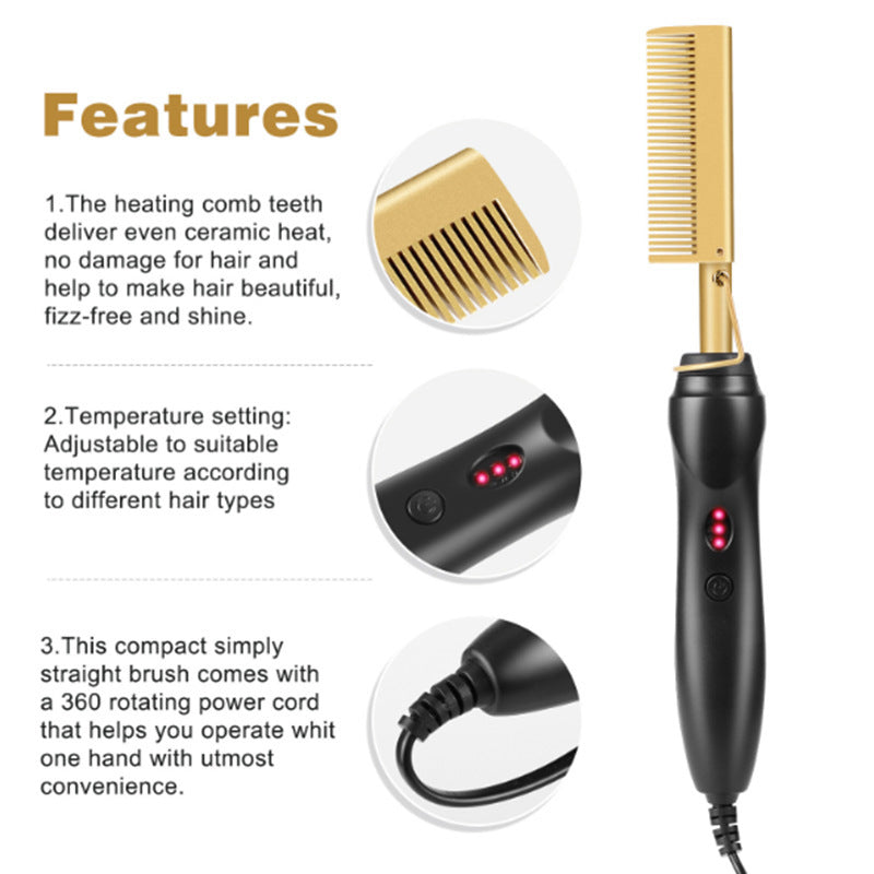 Peigne électrique lissant et bouclant pour cheveux secs et humides, double usage (cuivre).