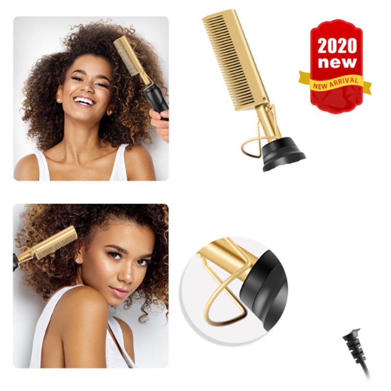 Peigne électrique lissant et bouclant pour cheveux secs et humides, double usage (cuivre).