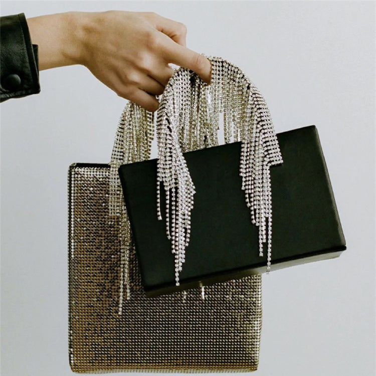Black PU Tassel Rhinestone Chain Shoulder Messenger Bag