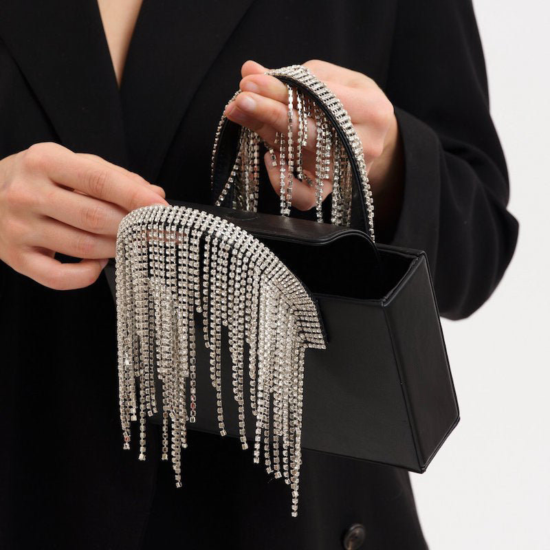 Black PU Tassel Rhinestone Chain Shoulder Messenger Bag
