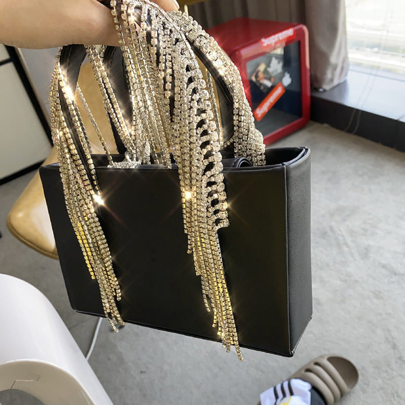 Black PU Tassel Rhinestone Chain Shoulder Messenger Bag