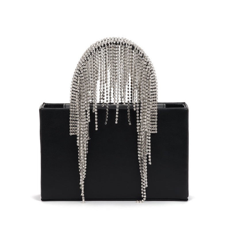 Black PU Tassel Rhinestone Chain Shoulder Messenger Bag