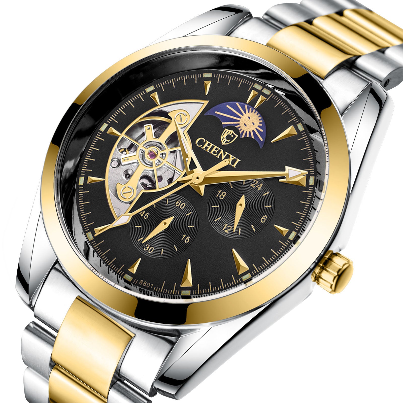 Men's Business Mechanical Quartz Watch with Luminous and Moon Phase Features