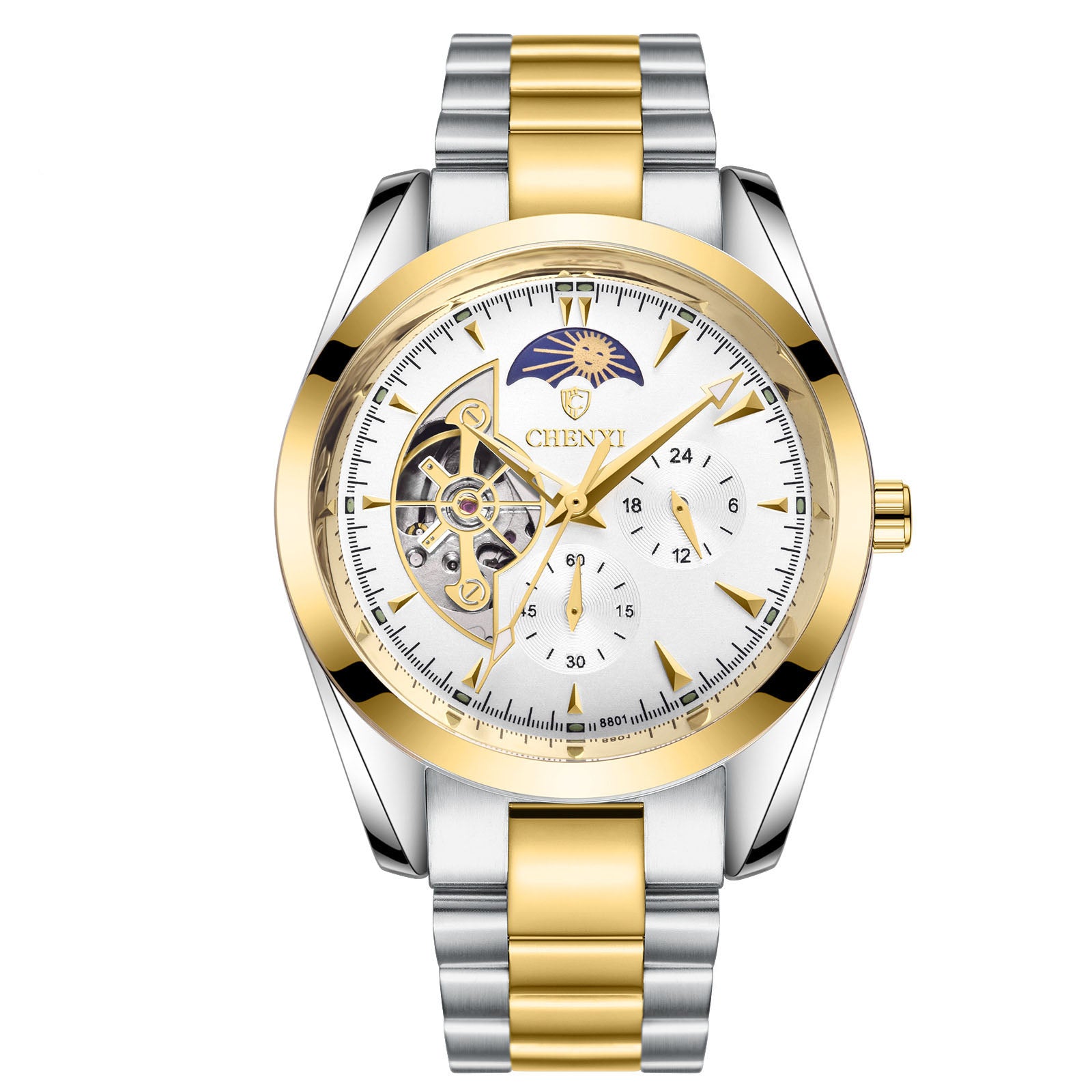Men's Business Mechanical Quartz Watch with Luminous and Moon Phase Features