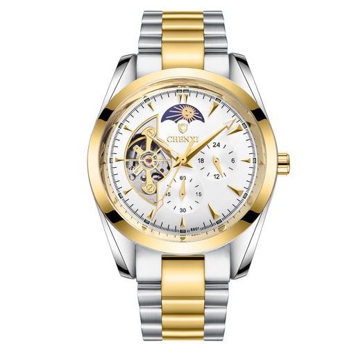 Men's Business Mechanical Quartz Watch with Luminous and Moon Phase Features