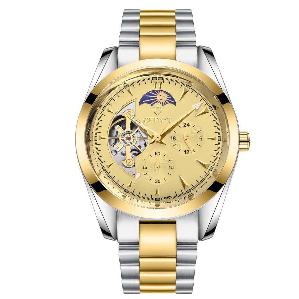 Montre mécanique à quartz pour homme avec phases de lune et fonctions lumineuses