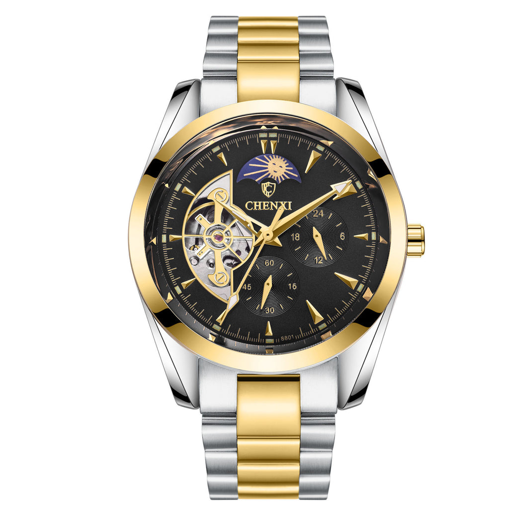 Montre mécanique à quartz pour homme avec phases de lune et fonctions lumineuses