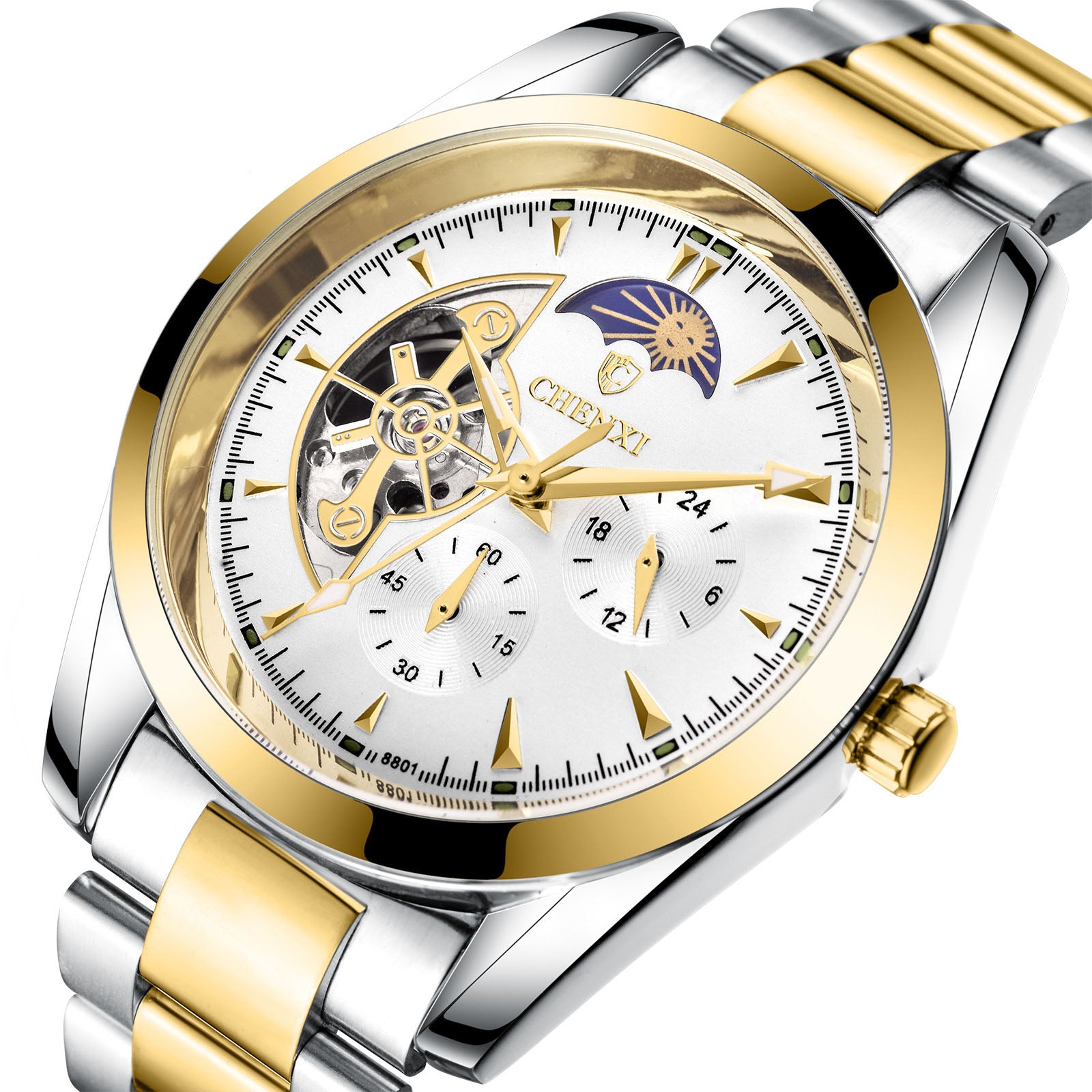Men's Business Mechanical Quartz Watch with Luminous and Moon Phase Features