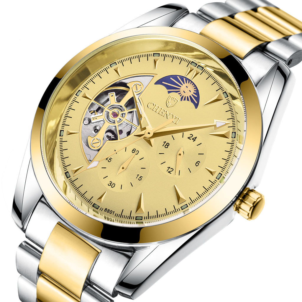 Montre mécanique à quartz pour homme avec phases de lune et fonctions lumineuses