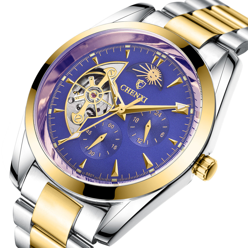 Montre mécanique à quartz pour homme avec phases de lune et fonctions lumineuses