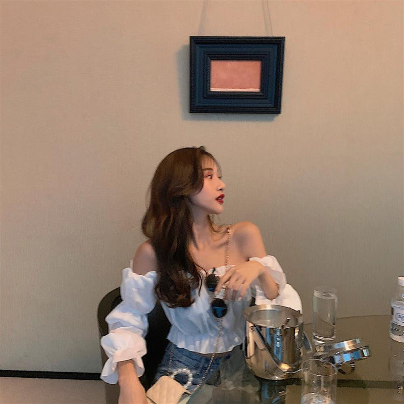 One-Shoulder Wooden Ear Chiffon Blouse Ladies Long-Sleeved Shirt