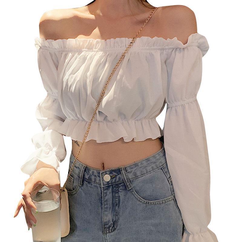 One-Shoulder Wooden Ear Chiffon Blouse Ladies Long-Sleeved Shirt