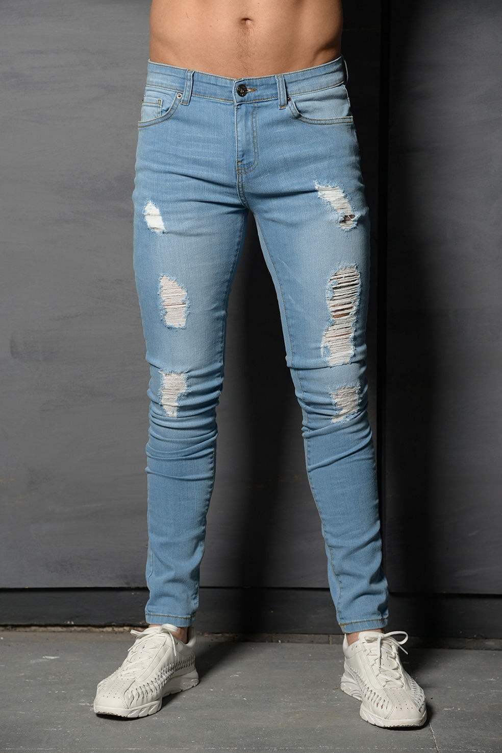 Pantalon Jean Homme Gris Bleu Coupe Droite Grande Taille Printemps