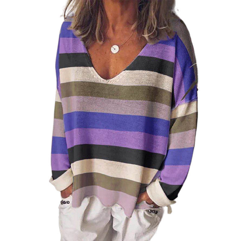 Loose V-neck Rainbow Stripe Multicolor Knit Long Sleeve