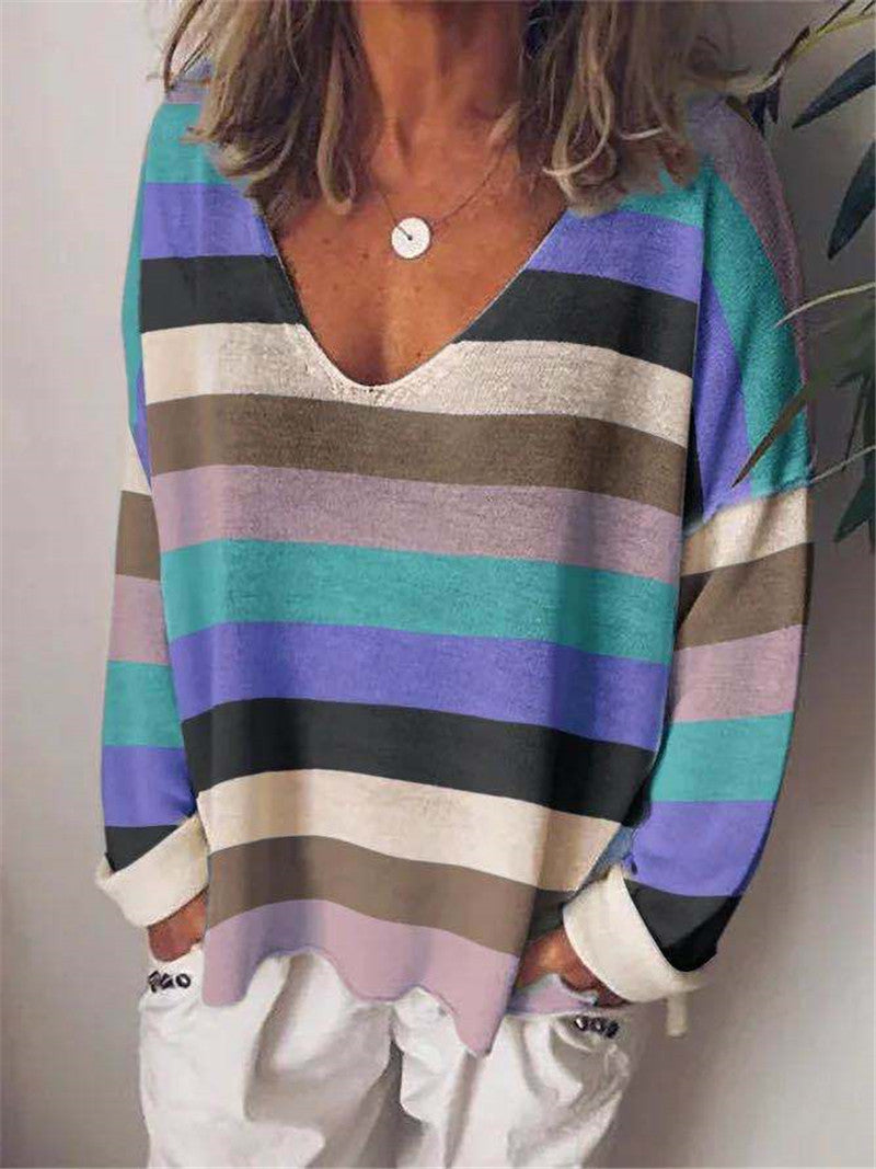 Loose V-neck Rainbow Stripe Multicolor Knit Long Sleeve