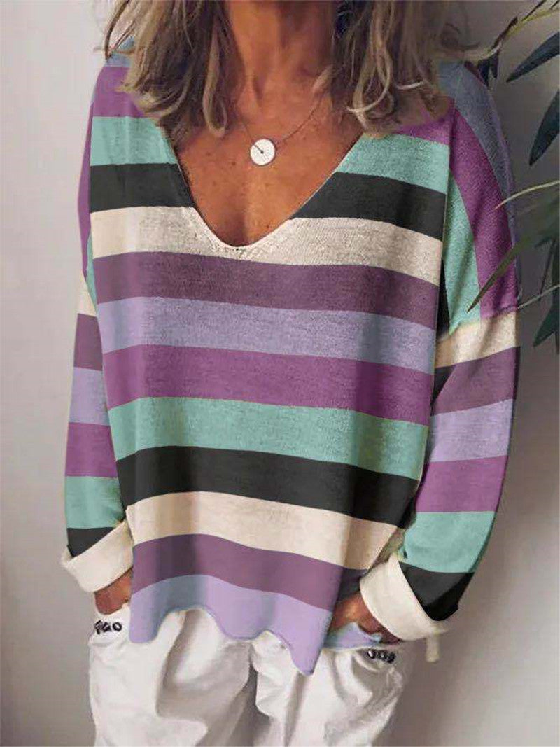 Loose V-neck Rainbow Stripe Multicolor Knit Long Sleeve