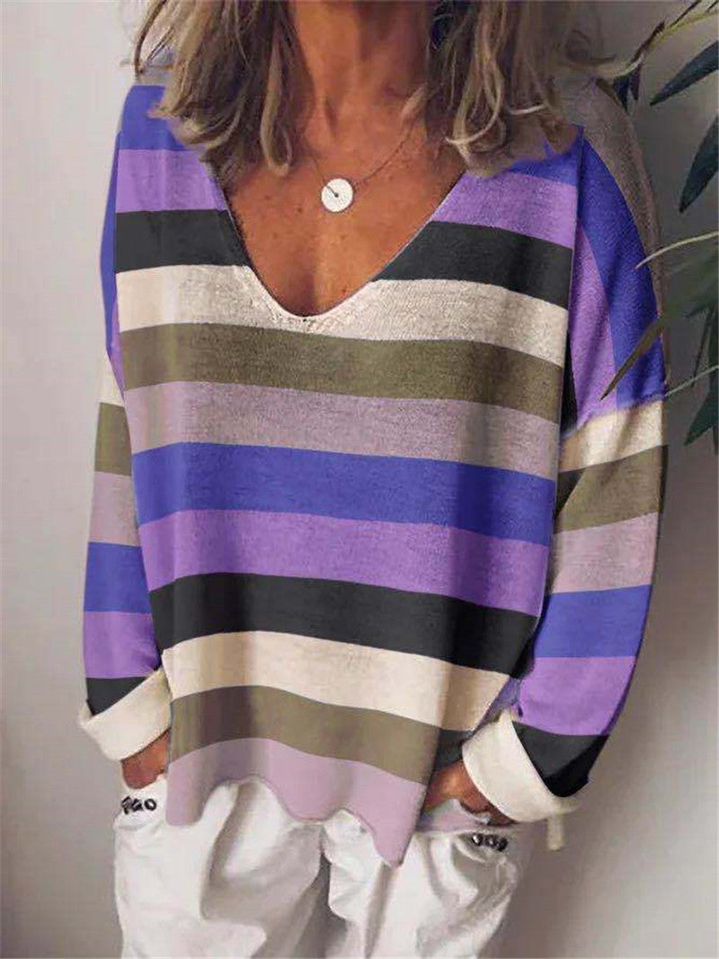 Loose V-neck Rainbow Stripe Multicolor Knit Long Sleeve