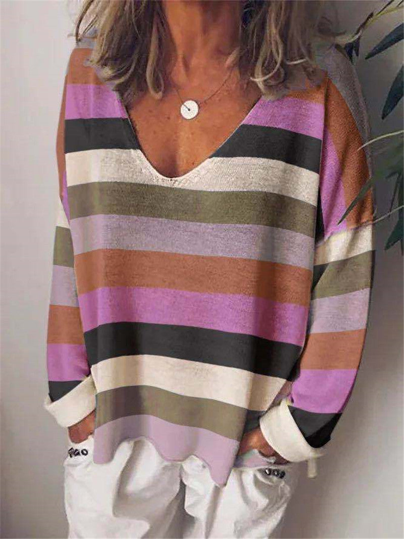 Loose V-neck Rainbow Stripe Multicolor Knit Long Sleeve
