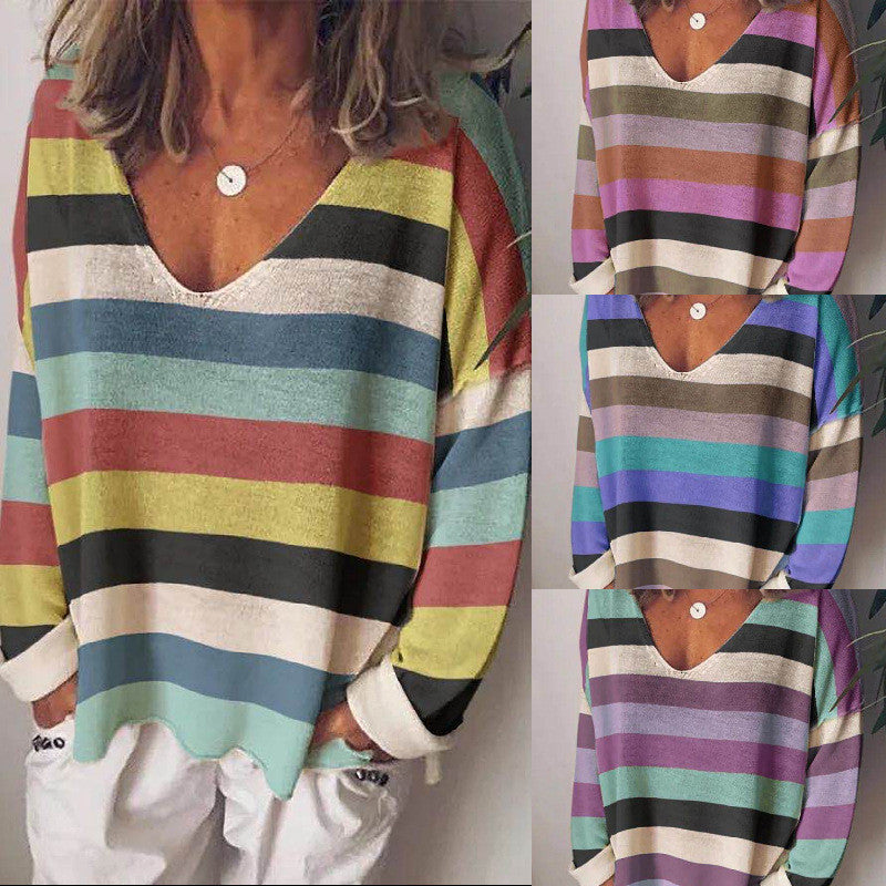 Loose V-neck Rainbow Stripe Multicolor Knit Long Sleeve