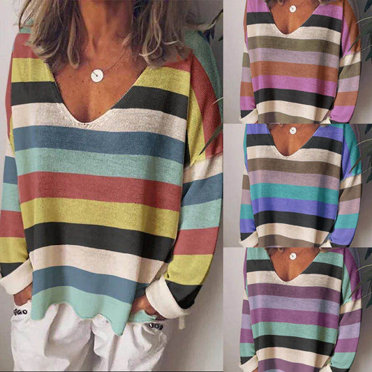 Loose V-neck Rainbow Stripe Multicolor Knit Long Sleeve